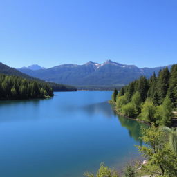 A beautiful landscape featuring a serene lake surrounded by lush green trees and mountains in the background under a clear blue sky