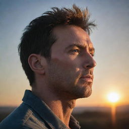 A detailed portrait of a man looking towards the horizon with determination. He is surrounded by a moody, setting sun backdrop.