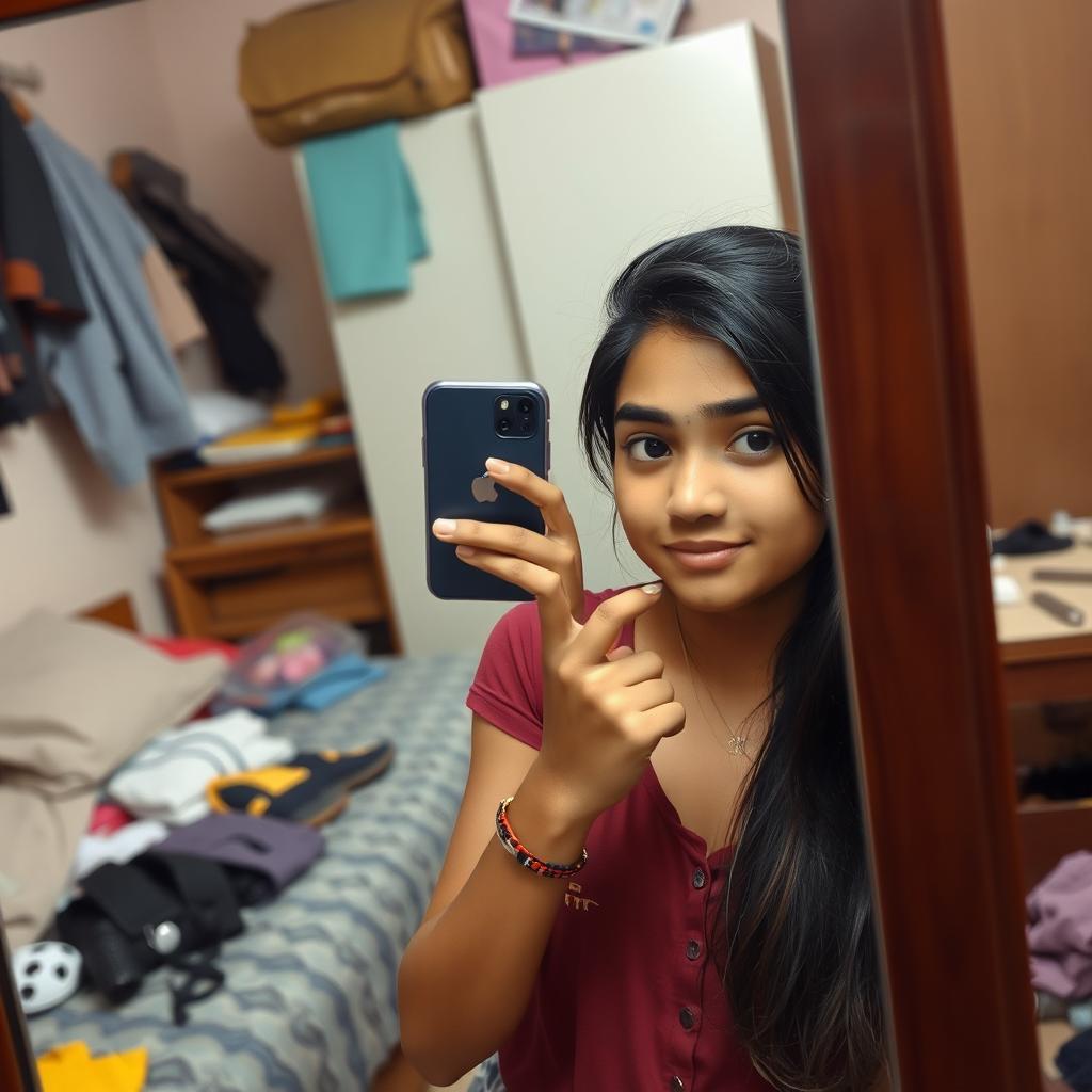 A realistic depiction of an Indian teenage girl taking a mirror selfie