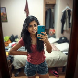 A realistic depiction of an Indian teenage girl taking a mirror selfie