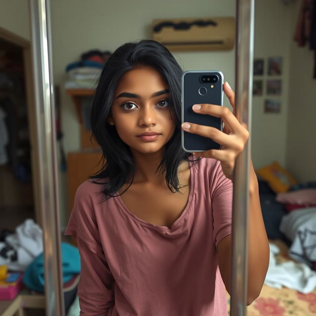 A realistic depiction of an Indian teenage girl taking a mirror selfie