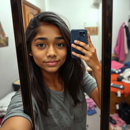 A realistic depiction of an Indian teenage girl taking a mirror selfie