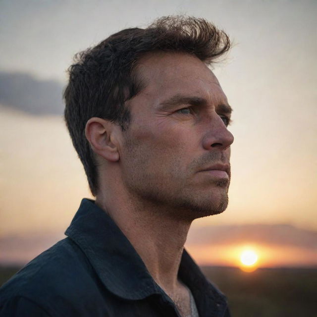 A detailed portrait of a man looking towards the horizon with determination. He is surrounded by a moody, setting sun backdrop.