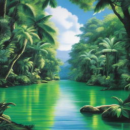 A hyper-realistic artwork depicting a bright, vibrant green hue of a lush tropical paradise with a bright blue river flowing through it