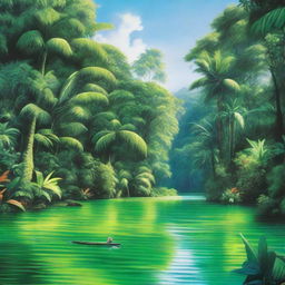 A hyper-realistic artwork depicting a bright, vibrant green hue of a lush tropical paradise with a bright blue river flowing through it