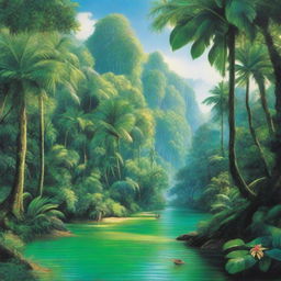 A hyper-realistic artwork depicting a bright, vibrant green hue of a lush tropical paradise with a bright blue river flowing through it