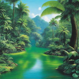 A hyper-realistic artwork depicting a bright, vibrant green hue of a lush tropical paradise with a bright blue river flowing through it