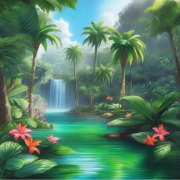 A hyper-realistic artwork depicting a bright and vibrant, lush tropical paradise