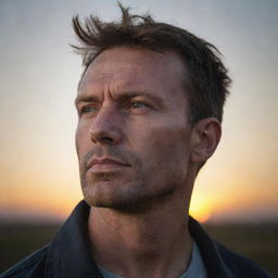 A detailed portrait of a man looking towards the horizon with determination. He is surrounded by a moody, setting sun backdrop.