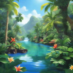 A hyper-realistic artwork depicting a bright and vibrant, lush tropical paradise