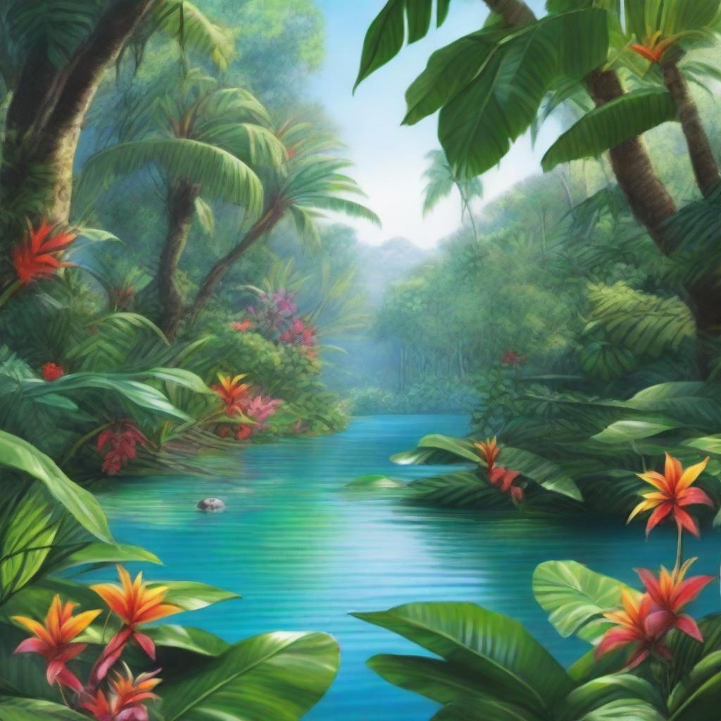 A hyper-realistic artwork depicting a bright and vibrant, lush tropical paradise