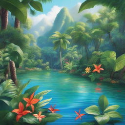 A hyper-realistic artwork depicting a bright and vibrant, lush tropical paradise