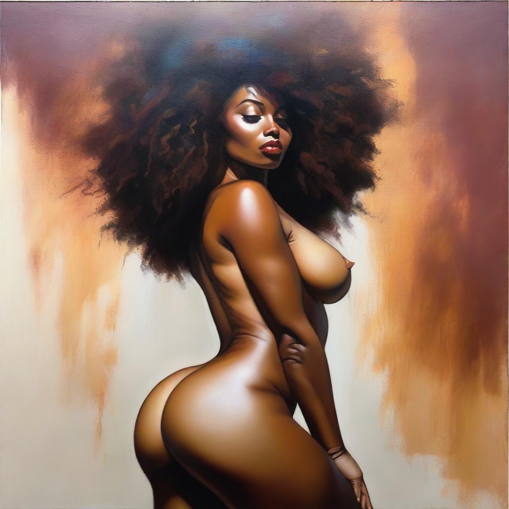 A polished, finished oil-based painting featuring an up-close body view of a sexy black woman with an afro