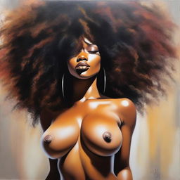 A polished, finished oil-based painting featuring an up-close body view of a sexy black woman with an afro