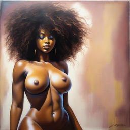 A polished, finished oil-based painting featuring an up-close body view of a sexy black woman with an afro