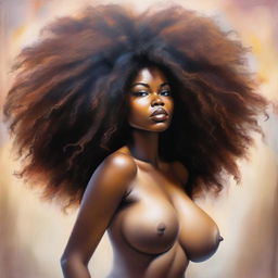 A polished, finished oil-based painting featuring an up-close body view of a sexy black woman with an afro