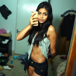 An attractive Indian teenage girl taking a mirror selfie