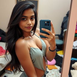 An attractive Indian teenage girl taking a mirror selfie