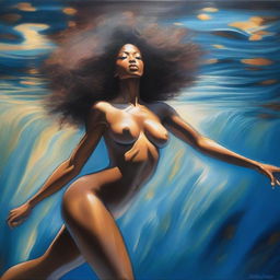 A polished, finished oil-based painting depicting a full-body view of a sexy black woman with an afro, beautiful breasts, and a big booty swimming underwater