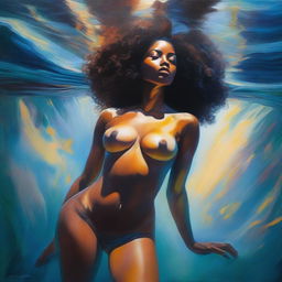 A polished, finished oil-based painting depicting a full-body view of a sexy black woman with an afro, beautiful breasts, and a big booty swimming underwater