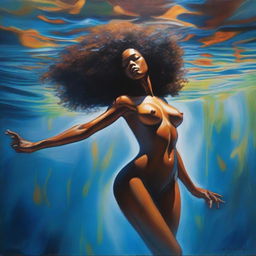 A polished, finished oil-based painting depicting a full-body view of a sexy black woman with an afro, beautiful breasts, and a big booty swimming underwater