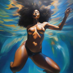 A polished, finished oil-based painting depicting a full-body view of a sexy black woman with an afro, beautiful breasts, and a big booty swimming underwater