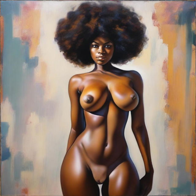 A polished, finished oil-based painting featuring a full-body view of a sexy black woman with an afro, beautiful breasts, and a big booty