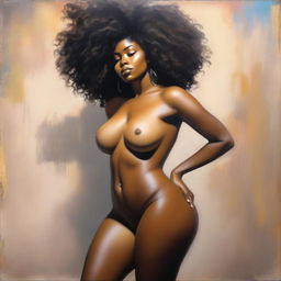 A polished, finished oil-based painting featuring a full-body view of a sexy black woman with an afro, beautiful breasts, and a big booty