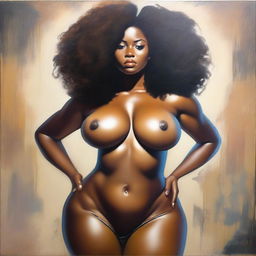 A polished, finished oil-based painting featuring a full-body view of a sexy black woman with an afro, beautiful breasts, and a big booty