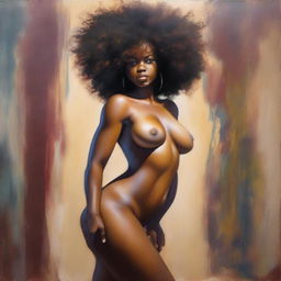 A polished, finished oil-based painting featuring a full-body view of a sexy black woman with an afro, beautiful breasts, and a big booty