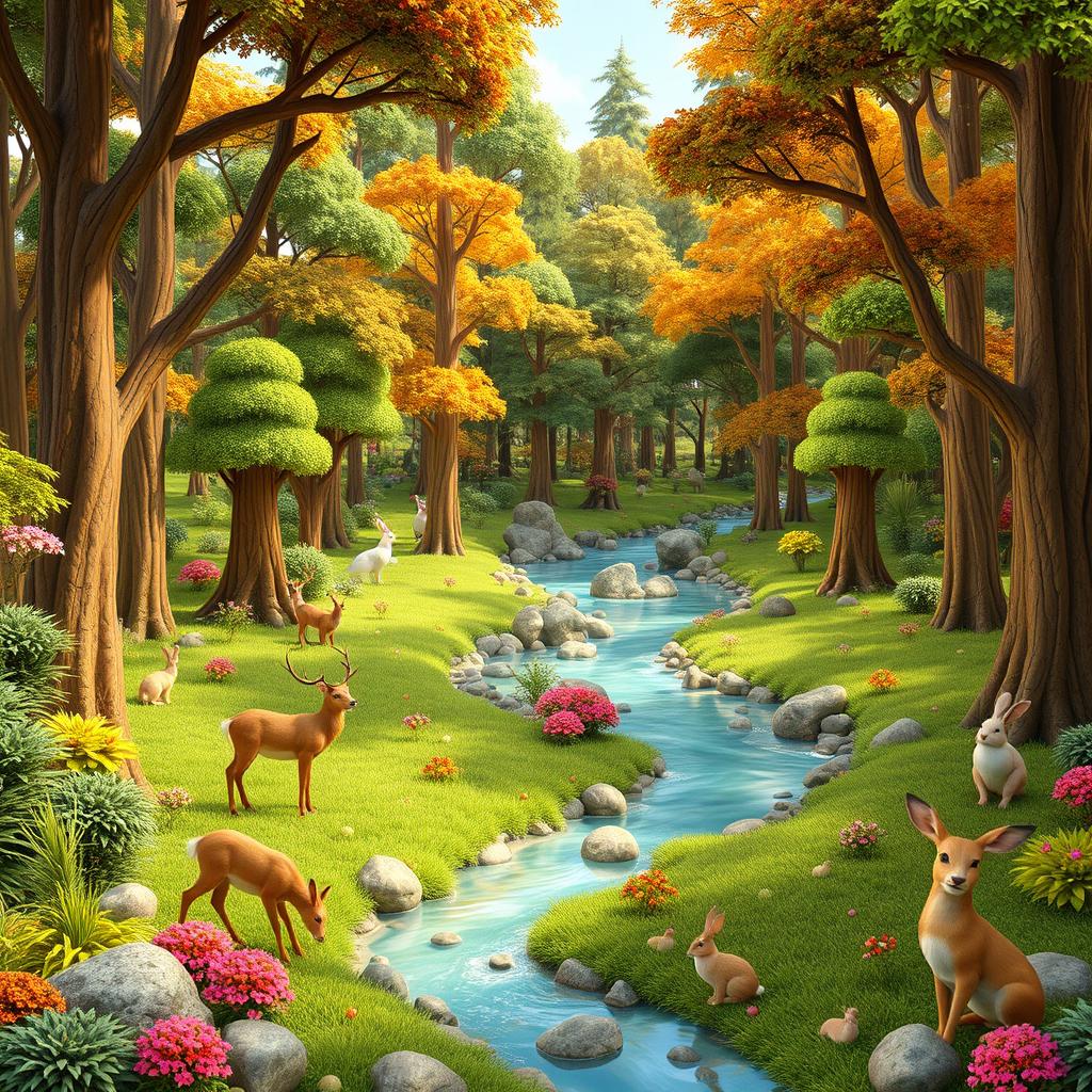 Create a 3D rendering of a vibrant and colorful scene featuring a lush forest with tall trees, a flowing river, and various animals like deer, birds, and rabbits