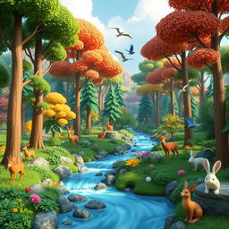 Create a 3D rendering of a vibrant and colorful scene featuring a lush forest with tall trees, a flowing river, and various animals like deer, birds, and rabbits