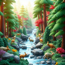 Create a 3D rendering of a vibrant and colorful scene featuring a lush forest with tall trees, a flowing river, and various animals like deer, birds, and rabbits