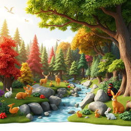 Create a 3D rendering of a vibrant and colorful scene featuring a lush forest with tall trees, a flowing river, and various animals like deer, birds, and rabbits