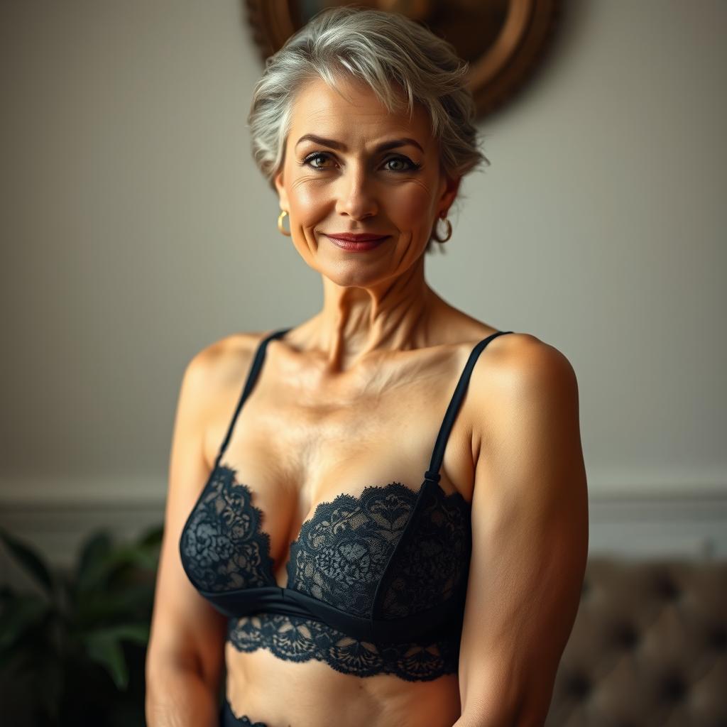 A mature woman is depicted in black lace lingerie, including a bra and knickers