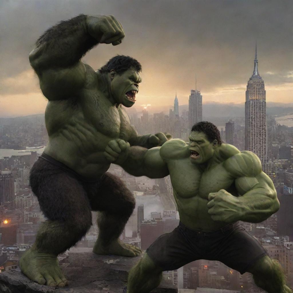 Intense battle scene between Hulk and King Kong in a cityscape at dusk, showcasing their power and fury.