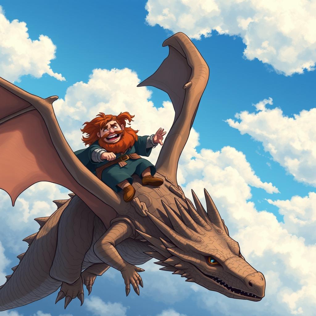 A detailed illustration of Hagrid from Harry Potter flying on the back of a majestic dragon, soaring high above the clouds