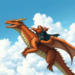 A detailed illustration of Hagrid from Harry Potter flying on the back of a majestic dragon, soaring high above the clouds