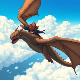 A detailed illustration of Hagrid from Harry Potter flying on the back of a majestic dragon, soaring high above the clouds