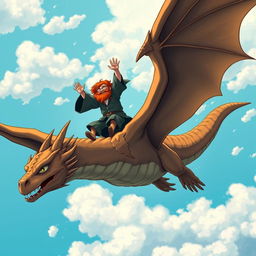 A detailed illustration of Hagrid from Harry Potter flying on the back of a majestic dragon, soaring high above the clouds