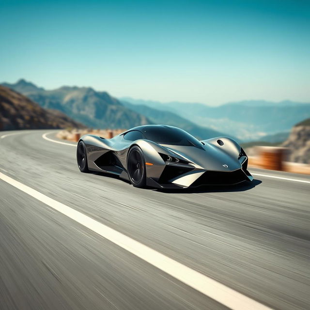 A sleek and futuristic hypercar driving on a winding mountain road