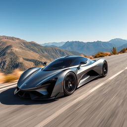 A sleek and futuristic hypercar driving on a winding mountain road