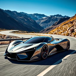 A sleek and futuristic hypercar driving on a winding mountain road