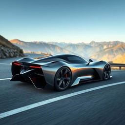 A sleek and futuristic hypercar driving on a winding mountain road