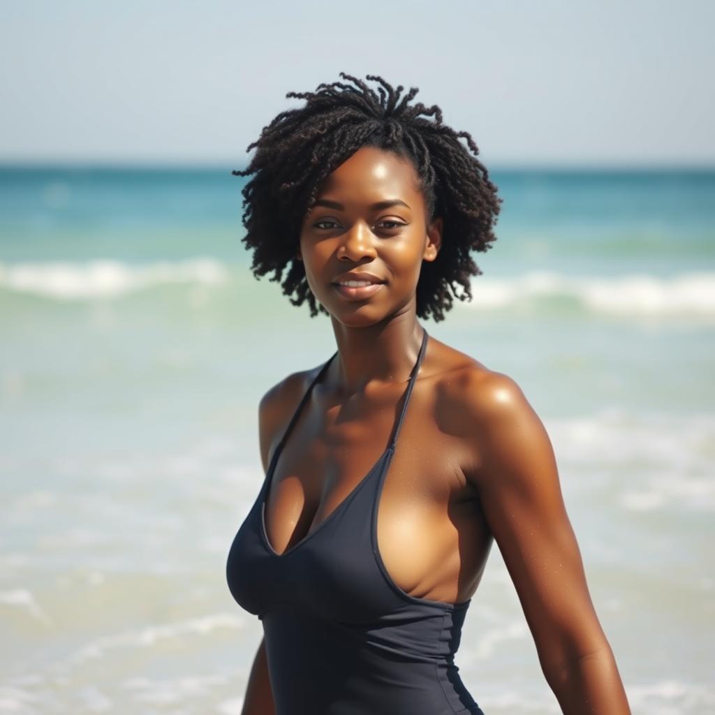 A young Black woman with short curly hair, enjoying a sunny day on the beach