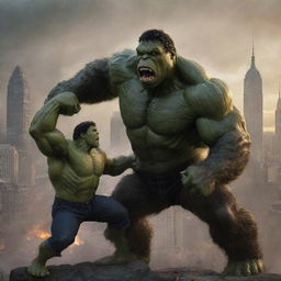 Intense battle scene between Hulk and King Kong in a cityscape at dusk, showcasing their power and fury.