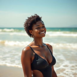 A young Black woman with short curly hair, enjoying a sunny day on the beach