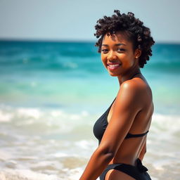 A young Black woman with short curly hair, enjoying a sunny day on the beach