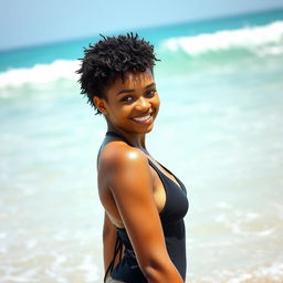 A young Black woman with short curly hair, enjoying a sunny day on the beach