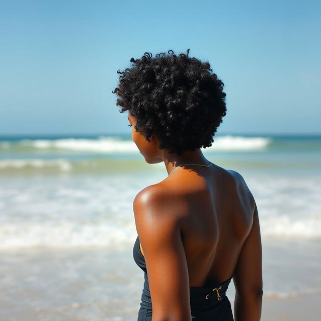 A young Black woman with short curly hair, seen from behind, enjoying a sunny day on the beach